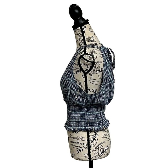 Pilcro Blue Metallic Plaid Smocked Bottom Jessie Halter Top M Beach Boho - Picture 4 of 11